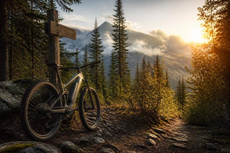 Electric mountain bike leaning against a wooden trail signpost on a misty Canadian forest trail at golden hour, with pine trees and snowy mountains in the background — cover image for the Canadian e-bike and e-moto rules guide.